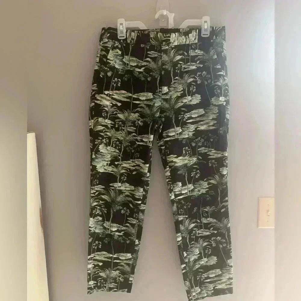 Woman’s ZARA Palm Tree Tropical Mid Rise BOHO Cropped Straight Leg Trousers